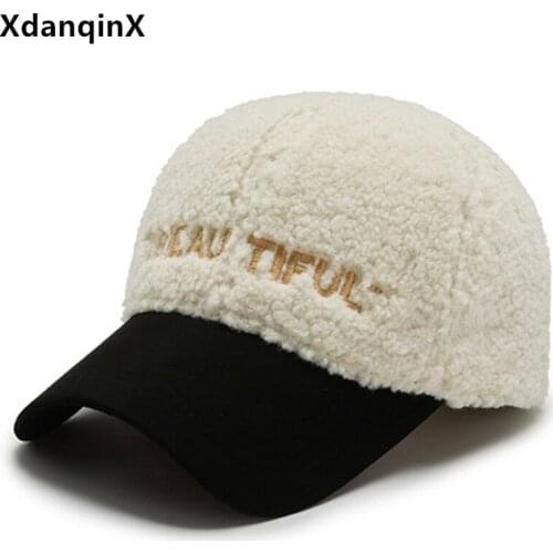 XdanqinX Winter Fluff Lamb Wool Baseball Caps For Women ins Trendy Teddy Velvet Brand Hat Adjustable Size Womens Cute Plush Hat