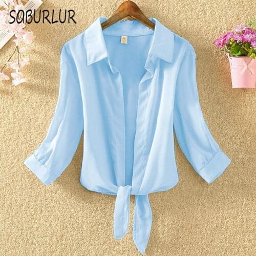SOBURLUR 2021 Summer New Womens Blouses White Shirts Crop tops Woman Clothing Bow Lace up Fashion Casual Loose Female BF Korean
