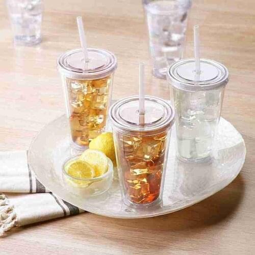 Straw Drink Cup Simple Transparent Insulated Coffee Cup With Lid Double Plastic Cup Portable Juice Milk Cup