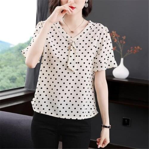 Women Dots Chiffon Summer Shirts Causal Short Sleeves Tops Elegant Ruffle V-Neck Bow-Knot Loose Blouses Fashion Blusas MM1070