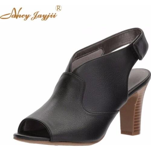 Female Pumps Adult Lady Shoes Black solid High Square heels Peep Toe Hook&Loop Spring/Autumn Casual Fashion Classics Basic2018