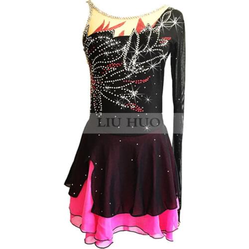 Figure Skating Dress Womens Girls' Ice skatingDress blackSkirt color matchingSingle sleeve designHandmade fine diamond pattern