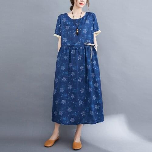 2021 New Arrival Thin Soft Cotton Linen Vintage Summer Dress Print Floral Draw String Office Lady Work Dress Women Casual Dress