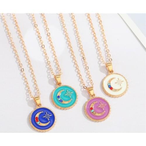1Pcs Round Enamel Moon Star Necklace For Women Gift Jewelry Vintage Shiny Colored Zircon Meteor Pendant Clavicle Chain Choker