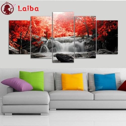 Diamond Embroidery Waterfall, red trees, gray rocks Picture Of Rhinestones Diamond Painting Mosaic Cross Stitch Gift5pcs