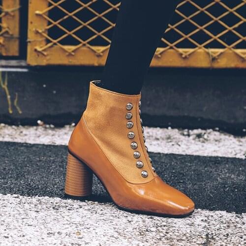 7cm high heel square toe boots childrens thick heel chic Martin boots womens versatile autumn and winter high heels large