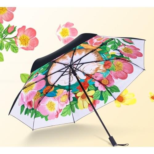 Colorful Art Illustration Cartoon Printing Rain Sun Umbrella 3 Folding Thickening 8 Rib Creative Sunshade Women Umbrellas Black