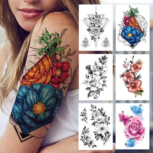 Lace 3D Flower Temporary Tattoo For Women Girls Triangle Vines Rose Tattoos Sticker Butterfly Peony Fake Sexy Tatoo Body Forearm