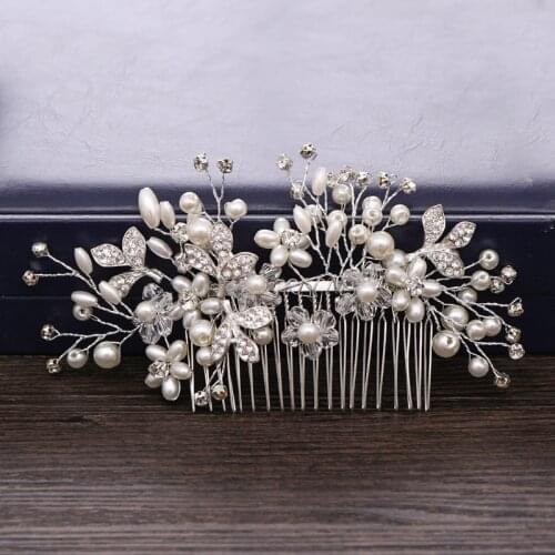 Trendy Silver Color Flower Pearl Hair Combs Wedding Hair Accessories Bridal Headpiece Hair ornaments Bride Women Hair Jewelry