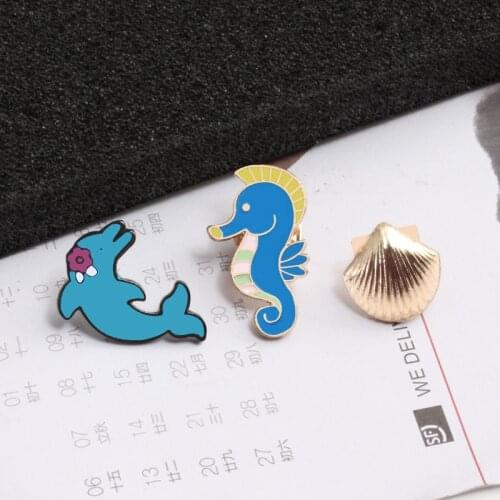 New Cartoon Sea Animal Brooch Cute Seahorse Dolphin Shell Enamel Button Pins Cowboy Jackets Clothing Accessories Fashion Jewelry