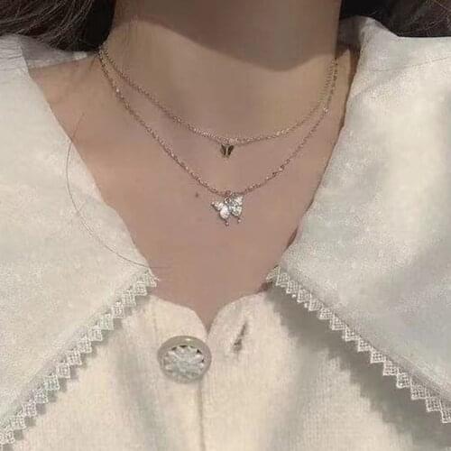 New Dainty Double Layer Butterfly Clavicle Chain Necklace Trendy Shiny CZ Multilayered Butterfly Necklace for Women Jewelry Gift