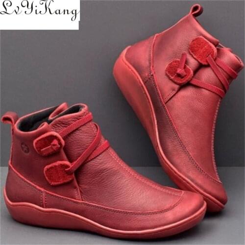 New 2019 Women Shoes Lace Up Wedge Boots Ladies Plus Size Vintage Boots Office Shoes PU Leather Female Short Botas De Mujer