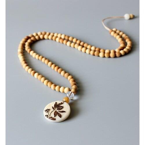 Wholesale Artisan Design Natural Wood 108mala Beads Necklace With Tagua Nut Carved Lotus Flower Pendant Zen Buddhism OM Jewelry