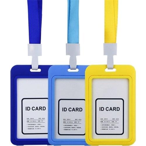 Plastic Double Side Work Name Card Holder Credit Card Slots ID Badge Holder with Neck Lanyard