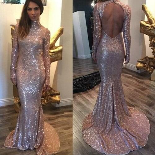 Long Sleeves Prom Dress Mermaid High Neck Sequins Backless Party Gown