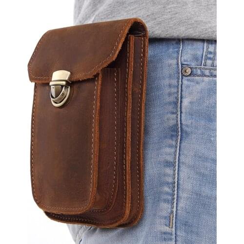 Retro Mens Leather Waist Bag Small Bag, First Layer of Leather Wearable Belt Mobile Phone Bag Storage Bag