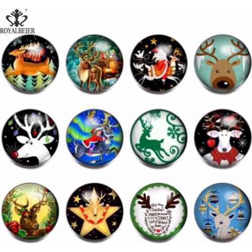 RoyalBeier 12pcs/lot Christmas Deer Multi Glass Charms 18mm Snap Button Jewelry For 20mm Snaps Bracelet Snap Jewelry KZ0790
