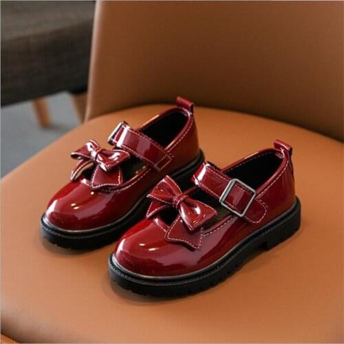 Girls' Black Red Bow Patent Leather Soft Soled Shoes 2021 New Korean Version Of Princess Shoes For Students' Campus Performance