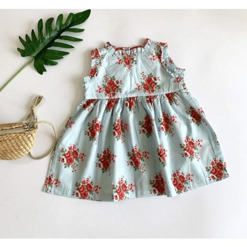 Vintage Floral Girls Dress Summer Cotton Linen Sleeveless Lace Collar Vest Dress for Girls Clothing Toddler Children Costumes