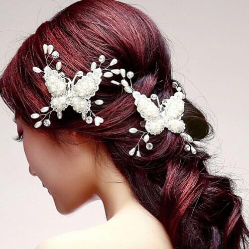 FORSEVEN Pearl Lace Rhinestone Butterfly Hairpin Hair Sticks Bride Wedding Hair Jewelry Accessories for Women Girls BH