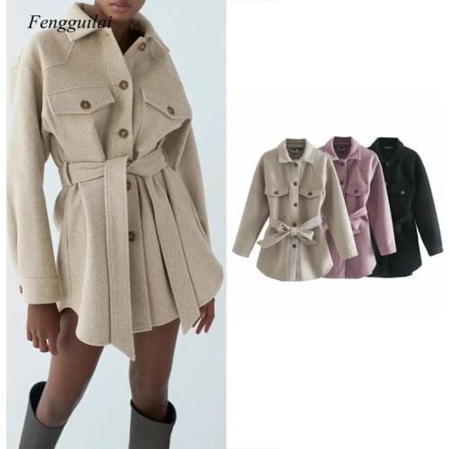 Autumn Chic Ladies Woolen Purple Long Shirt Jackets with Belt Women Fashion Turn Down Collar Thick Warm Outwear Coats