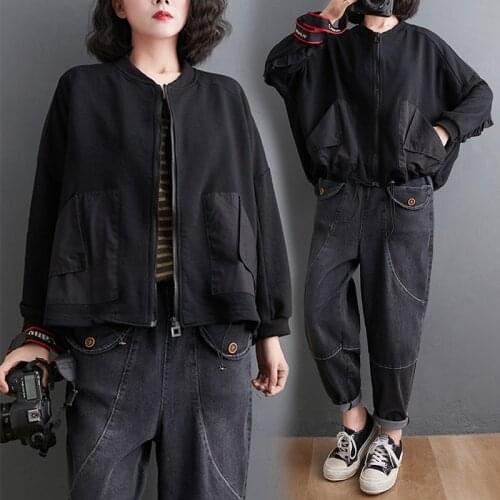 2021 Spring Plus Size Stitching Drawstring Short Coat Womens Overcoat Long-Sleeve Zipper Baseball Patch Pocket Outerwear