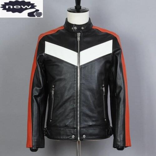 2021 Mens Slim Fit Short Motorcycle Red White Spliced Biker Jacket Men Cowhide Genuine Leather Locomotive Coat Male