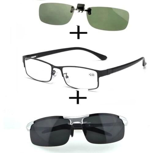 3Pcs!!!rectangular Metal Black Business Reading Glasses for Men Women + Alloy Polarized Sunglasses Pilot + Sunglasses Clip