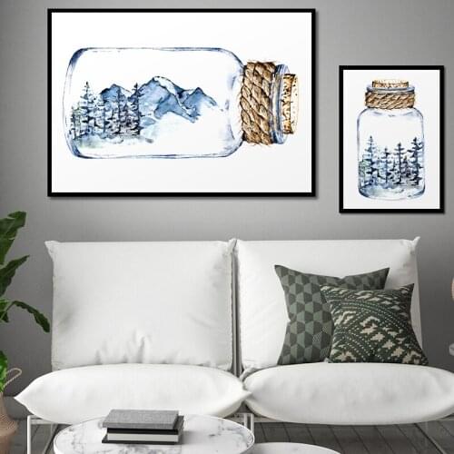 Abstract Mountain and Forest Watercolor Painting in The Bottle Poster Wall Art Canvas Print Pictures for Living Room Home Decor