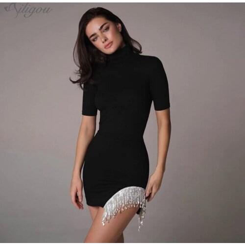Ailigou 2021 New Summer Tassel Bandage Dress Womens Sexy Short Sleeve Tassel Mini Fashion Show Celebrity Party Dress Vestidos