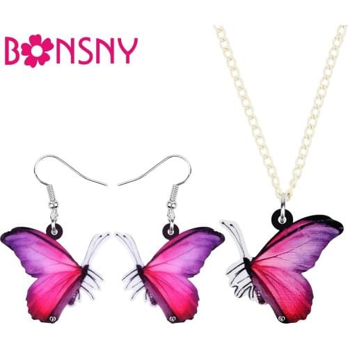 Bonsny Acrylic Red Morpho Butterfly Jewelry Sets Earrings Necklace Long Print Animal Jewelry Women Kids Spring Charm Decoration