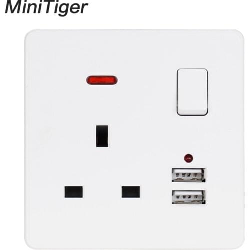 Minitiger White Wall Power Socket 13A UK Standard Switched Outlet 2.1A Dual USB Fast Charger Port LED indicator
