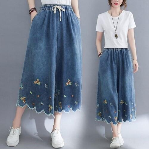 Summer New large size wide leg pants literary embroidery cropped jeans high-waist elastic lace-up Trousers for women