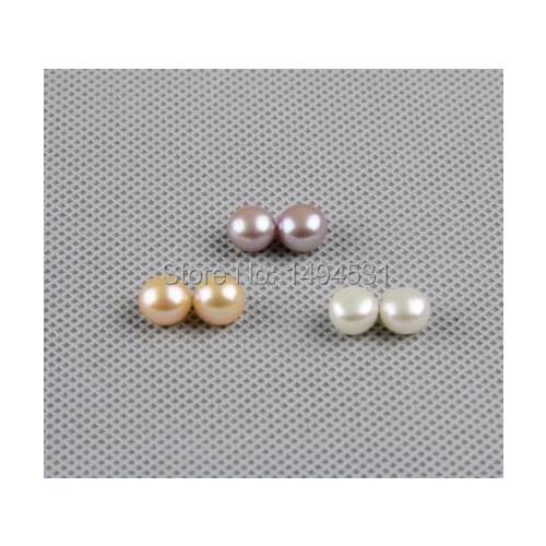 Natural Freshwater Pearl Bead , 3 Pairs White Pink Purple Loose Pearl Jewelry 6-7MM Flat Shape Matched Pair, Half Hole Drilled