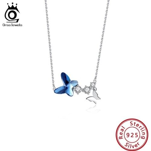 ORSA JEWELS Silver 925 Butterfly Pendants Necklace Exquisite Crystal Stone Neck Chains Party Jewelry for Women 2021 SWN06