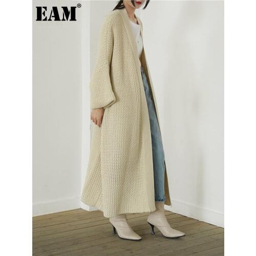 [EAM] Oversized Long Knitting Cardigan Sweater Loose Fit V-Neck Long Sleeve Women New Fashion Tide Autumn Winter 2021 1DD0675