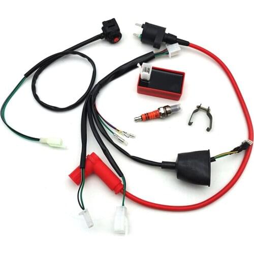 Motorcycle Wiring Harness Kill Switch Ignition Coil CDI Spark Plug Set 50-150cc
