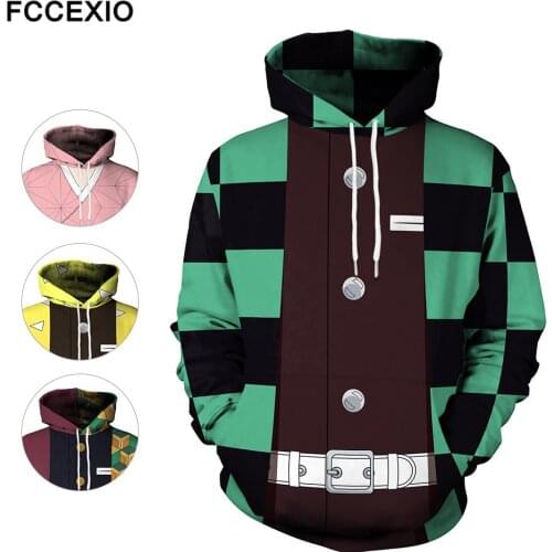 FCCEXIO Japanese Anime Demon Slayer Coat Sweatshirts Robes Cosplay Hoodies Sportwear Coats Clothing for Men Women Anime Lovers