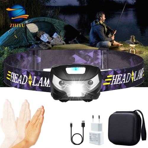 ZHIYU Headlamp Flashlight USB Rechargeable -Super Bright Led Waterproof Bright Torch Gesture sensor headlight outdoor activities