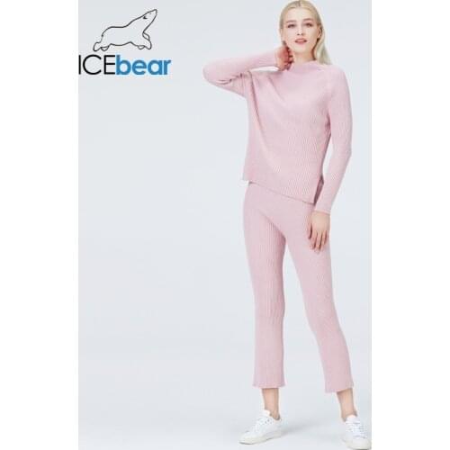 Icebear 2021 fall female knitted tracksuit o-neck sweater casual suit winter knit pants sporting suit femme clothing NB-2322
