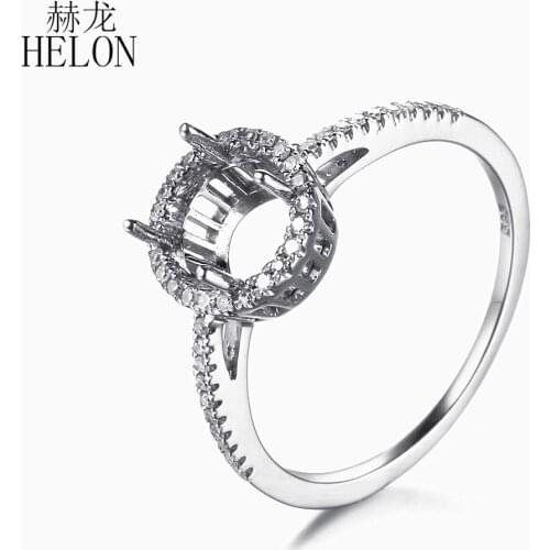 HELON 6.5mm Round Solid 10K White Gold Pave SI/H Natural Diamonds Engagement Wedding Semi Mount Ring Setting Women Fine Jewelry