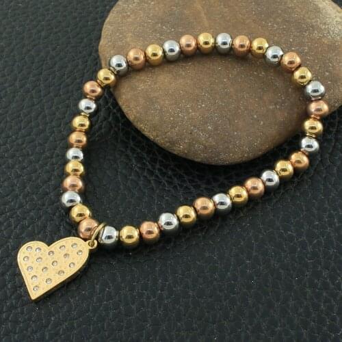 Fashion Stainless Steel Jewelry 6mm Bead Heart Charm Bracelet Hot Gift For Women Free Shipping BFGZACBA