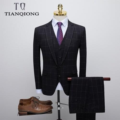 TIAN QIONG Men Black Plaid Suits for Man Slim Fit 3 Piece Groom Wedding Suit Brand Clothing Mens Business Suits High Quality