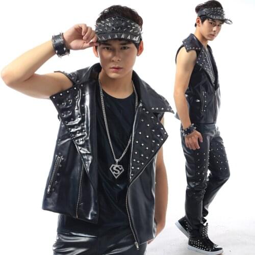 Mens Fashion sleeveless Rivet Jacket Vest Male DJ Costume Club show stage performance outwear