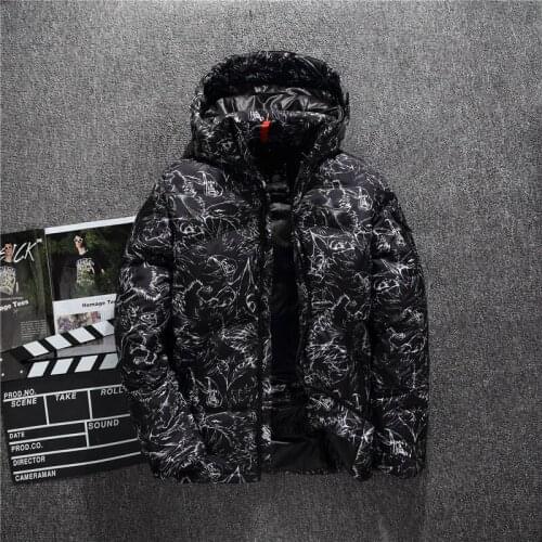 Mens Casual Down Jacket 2021 Winter New Boutique White Duck Down Thick Warm Fashion Print Mens Slim Hooded White Black Down Coat