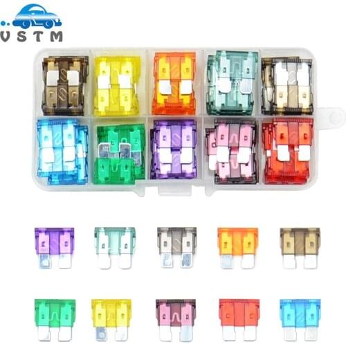 50/100ps Profile Medium Size Blade Type Car Fuse Assortment Set Auto Car Truck 2.5/3/5/7.5/10/15/20/25/30/35A Fuse with Box Clip