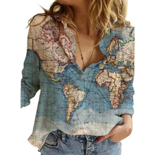 Vintage Map Printed Women Shirt Plus Size Turn-down Collar Long Sleeve Casual Loose Ladies Shirts Blouse Top Blusas Mujer