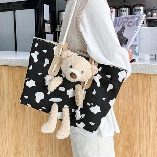 Womens Bag Japanese Canvas Crossbody Bag 2021 New Summer Trend Bear Canvas Fashion Tote Bag Ins Shopper Black Bags For Women