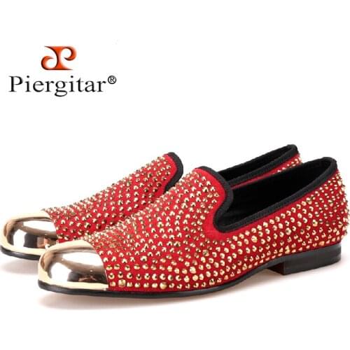 Piergitar Handmade red suede men shoes with gold Rhinestone and gold toe metal Party and Banquet men dress loafers males flats