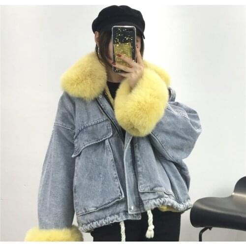 High Fashion Winter Denim Jacket Women Natural Rex Rabbit Fur Iiner Parka Fox Fur Collar Coat